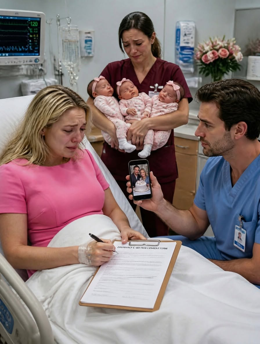 I was signing emergency C-section papers alone, trying to save our unborn triplets, while my husband had turned off his phone to celebrate with his first love and cut her cake. Four days later, he finally came to the hospital, expecting to find me and our three babies waiting for him. Instead, a nurse stopped him with one calm sentence. And that was when he realized the family he had ignored was no longer the same family he thought he could return to.