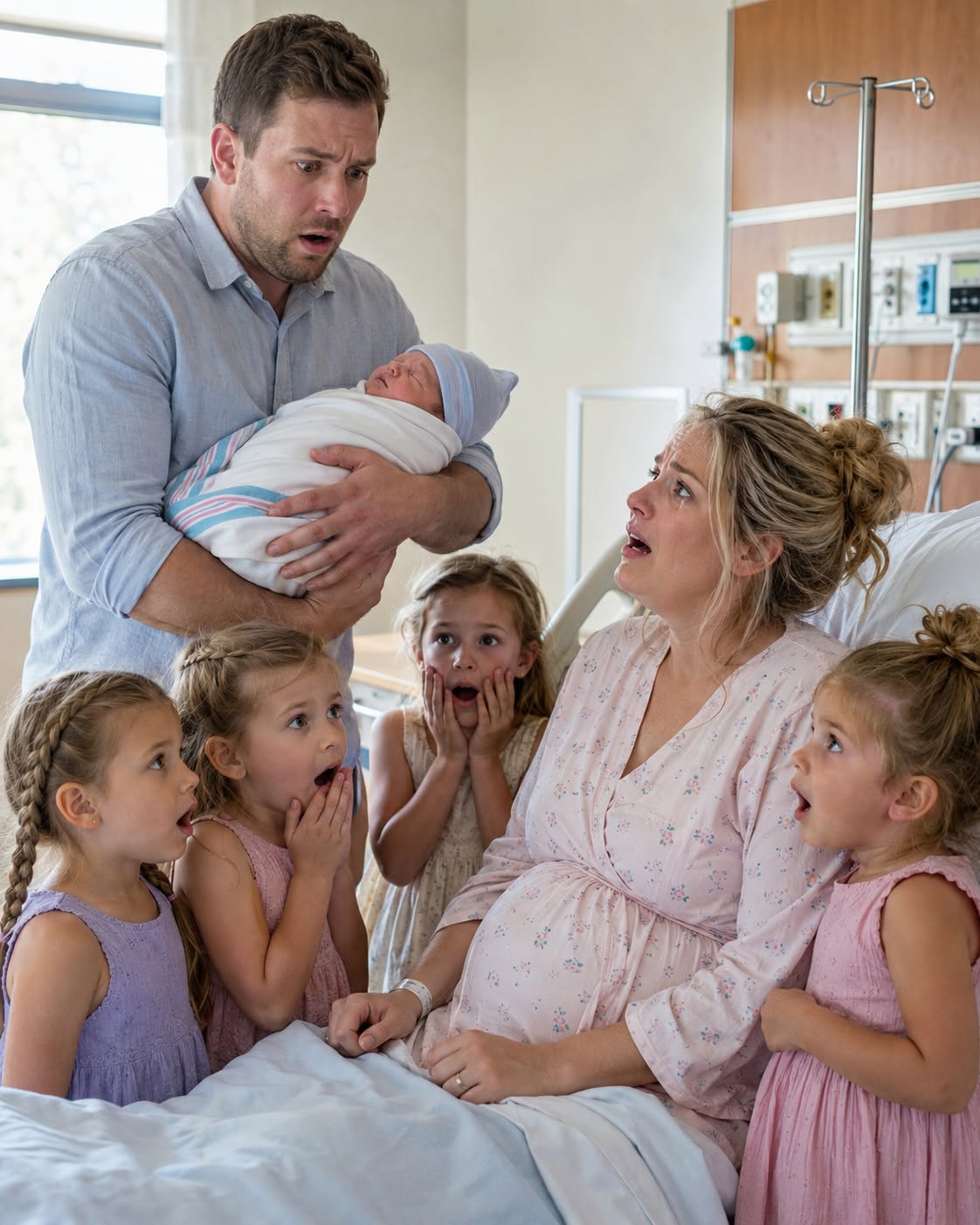 After four daughters, my husband finally held the son he had spent years praying for, but instead of crying with joy, he stared at our newborn like he had seen something terrifying. Then Aaron turned to me, his face drained of color, and what he whispered made every ounce of happiness inside me disappear.