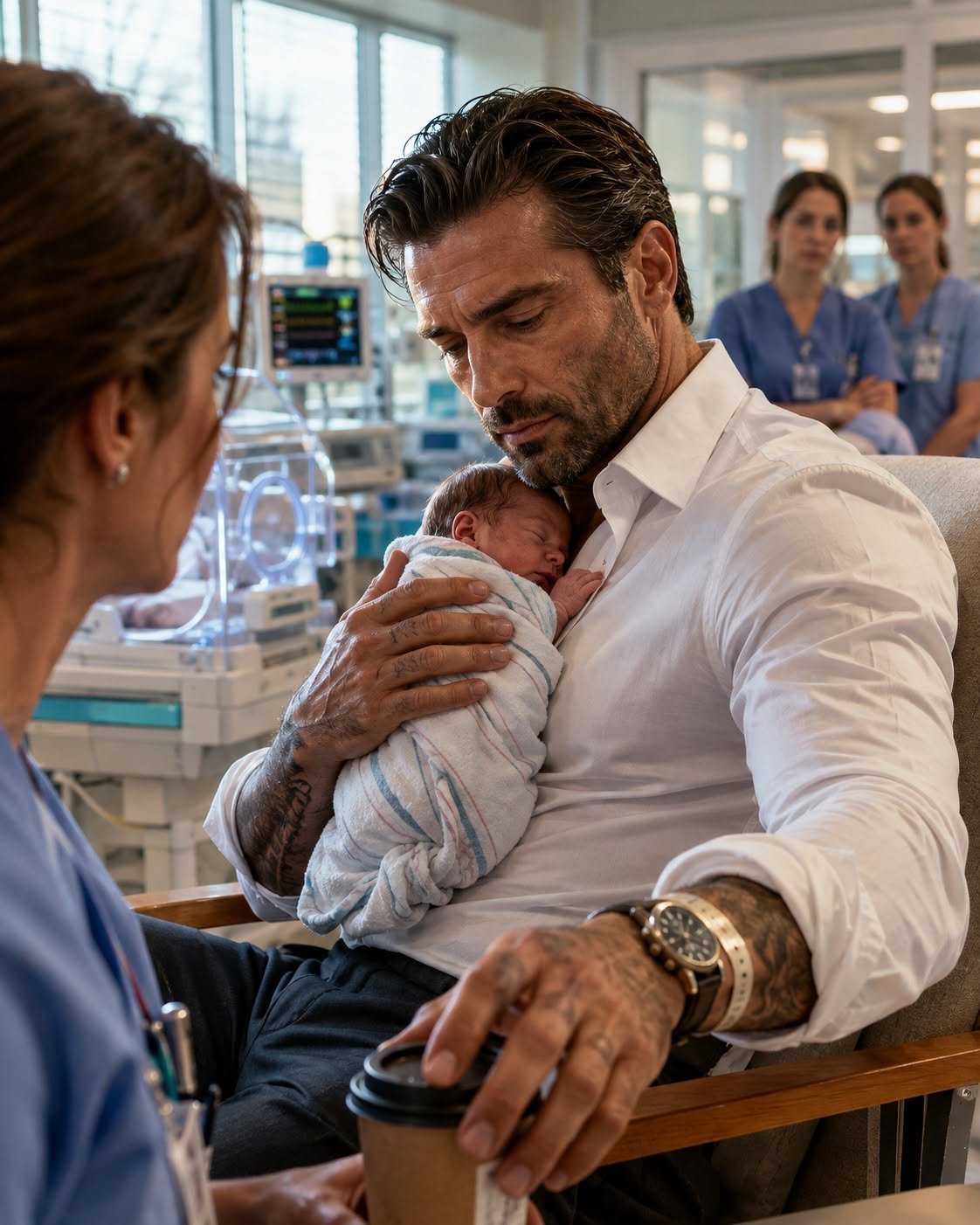 Every nurse in the NICU went silent when Sebastian Moretti—the most feared crime boss in the city—walked through the doors and asked to hold the premature baby no one had ever visited. We expected him to stay a few minutes, but twelve hours later, the newborn was still asleep against his chest. Then Sebastian reached for his coffee, his sleeve slipped back, and I saw something beneath his expensive watch that explained why he refused to leave.