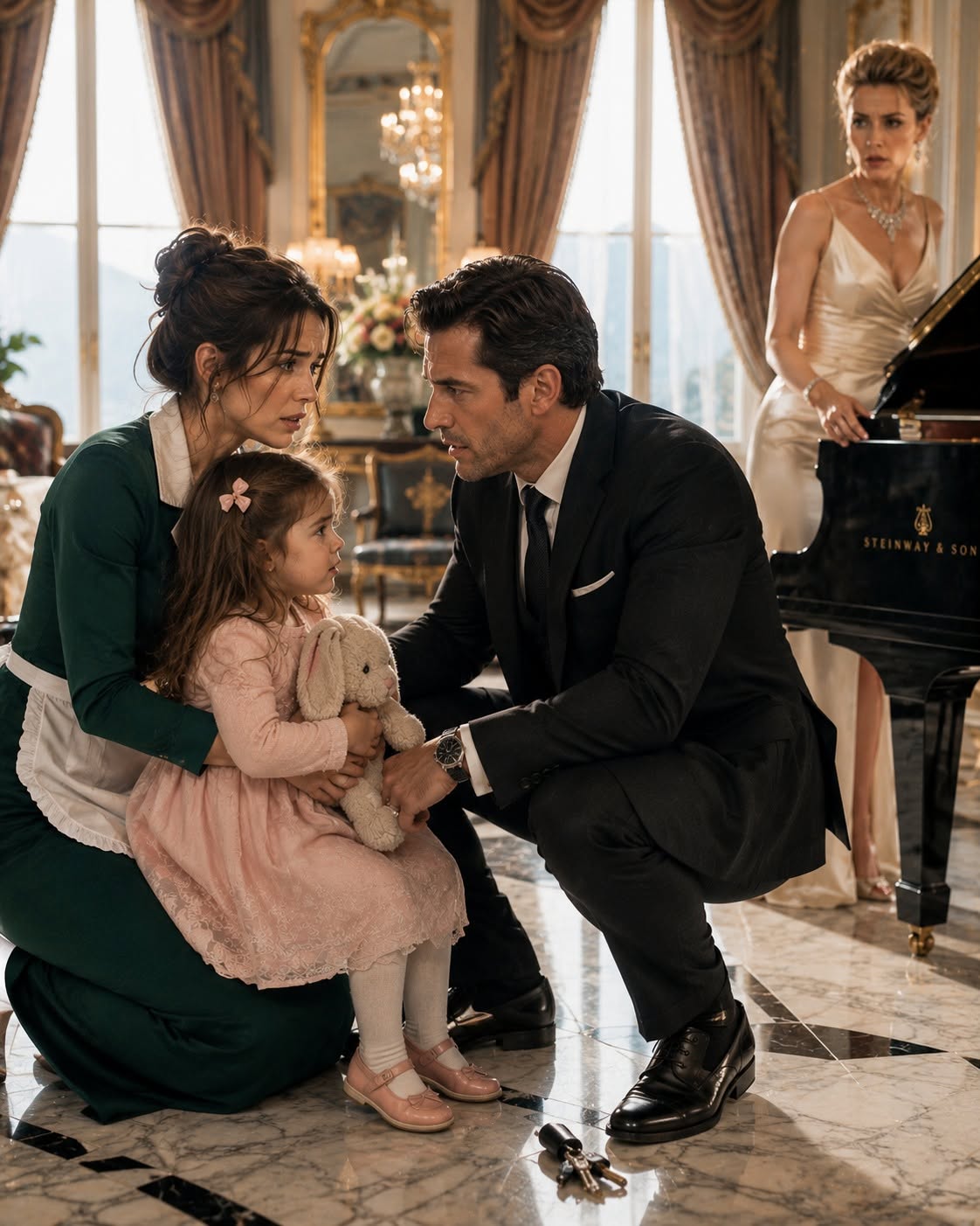 Victoria shoved my three-year-old daughter away from a grand piano because, in her words, “a maid’s child should know her place.” But when Ethan Caldwell—the most feared man in New York and the man Victoria planned to marry—walked in, saw my little girl’s gray-green eyes, and dropped his keys onto the marble floor, the secret I had buried for four years began unraveling in front of everyone.
