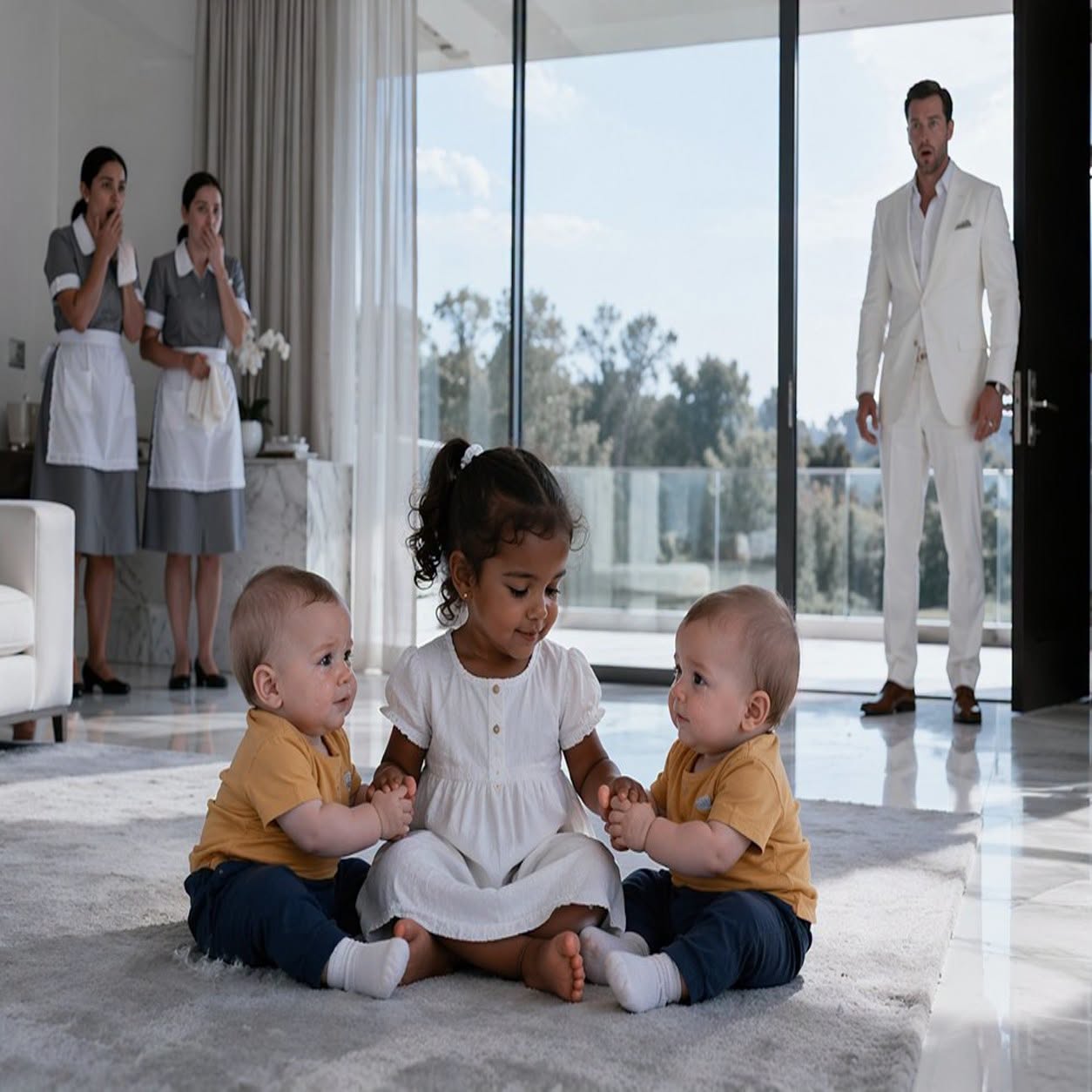 No One Could Calm the Billionaire’s Grieving Twins—Until His Maid’s Three-Year-Old Daughter Sat Between Them, Offered One Child a Wooden Block, Rested Her Head on the Other’s Shoulder, and Showed Their Absent Father the One Thing Twelve Nannies, Endless Specialists, and All His Money Could Never Buy Them at Home