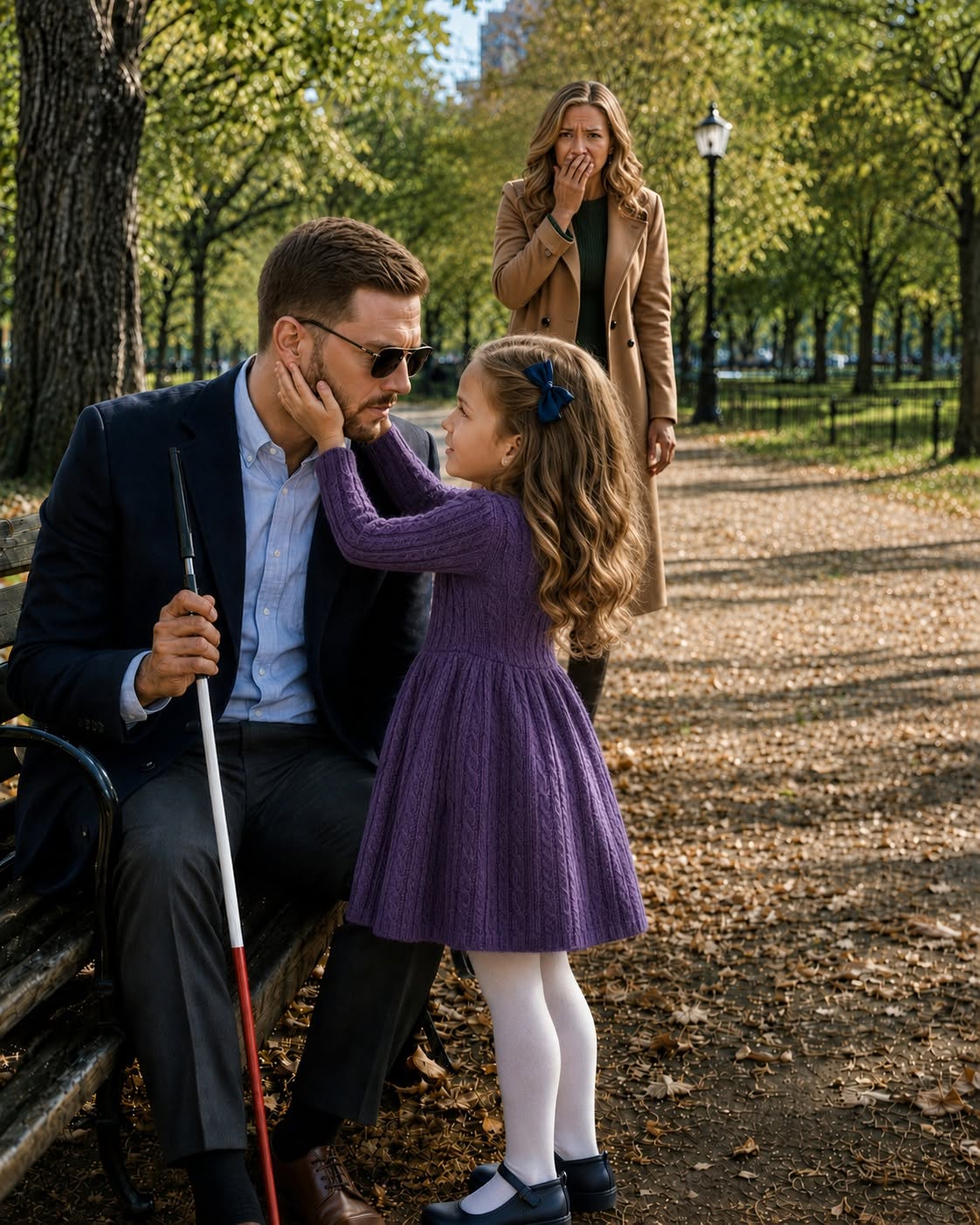 Six months after an accident took my sight, my wife left me sitting alone on a Central Park bench and warned me not to speak to strangers because people were already staring. Then a little girl took my hand and calmly told me she could fix my eyes, but the moment my wife returned, I heard something in her breathing that frightened me more than the darkness ever had.