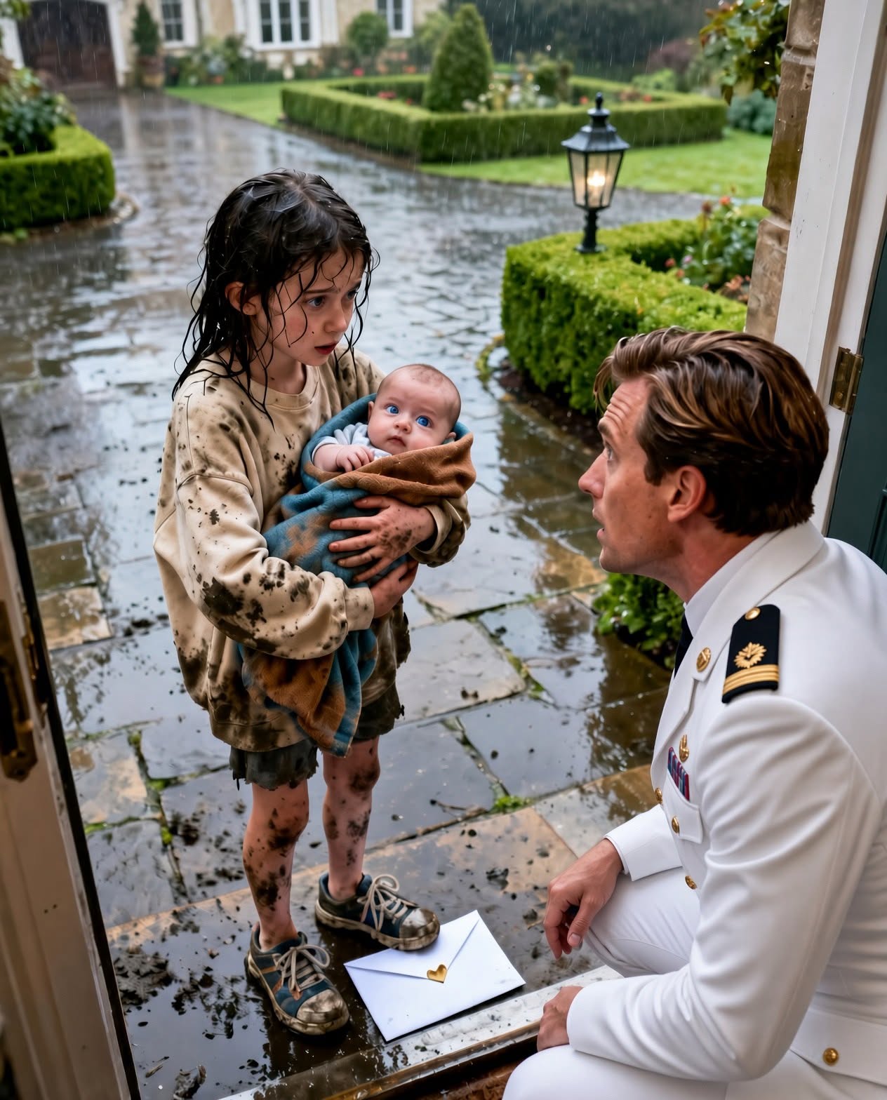 89"A seven-year-old girl knocked on a billionaire's front door carrying a newborn she had found inside a trash bag behind his estate. When the baby opened his eyes and the businessman recognized the same piercing gray-blue stare, a sealed envelope exposed a secret that had been hidden from him for more than a decade.