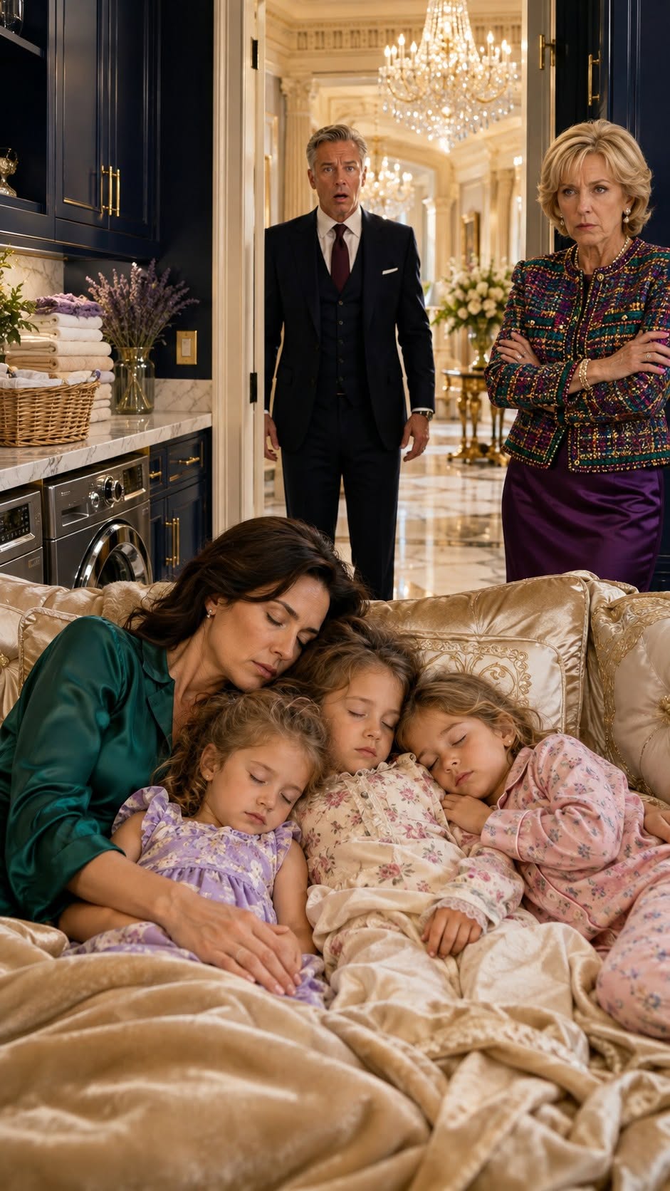 My mother-in-law locked me and my three daughters in a cramped room beside the laundry, sneering, “A woman who can’t give this family a son is worthless.” Then, in front of forty charity donors, she humiliated me one final time—until a billionaire quietly removed his jacket, wrapped it around my shivering girls, and said, “They’re leaving with me.”