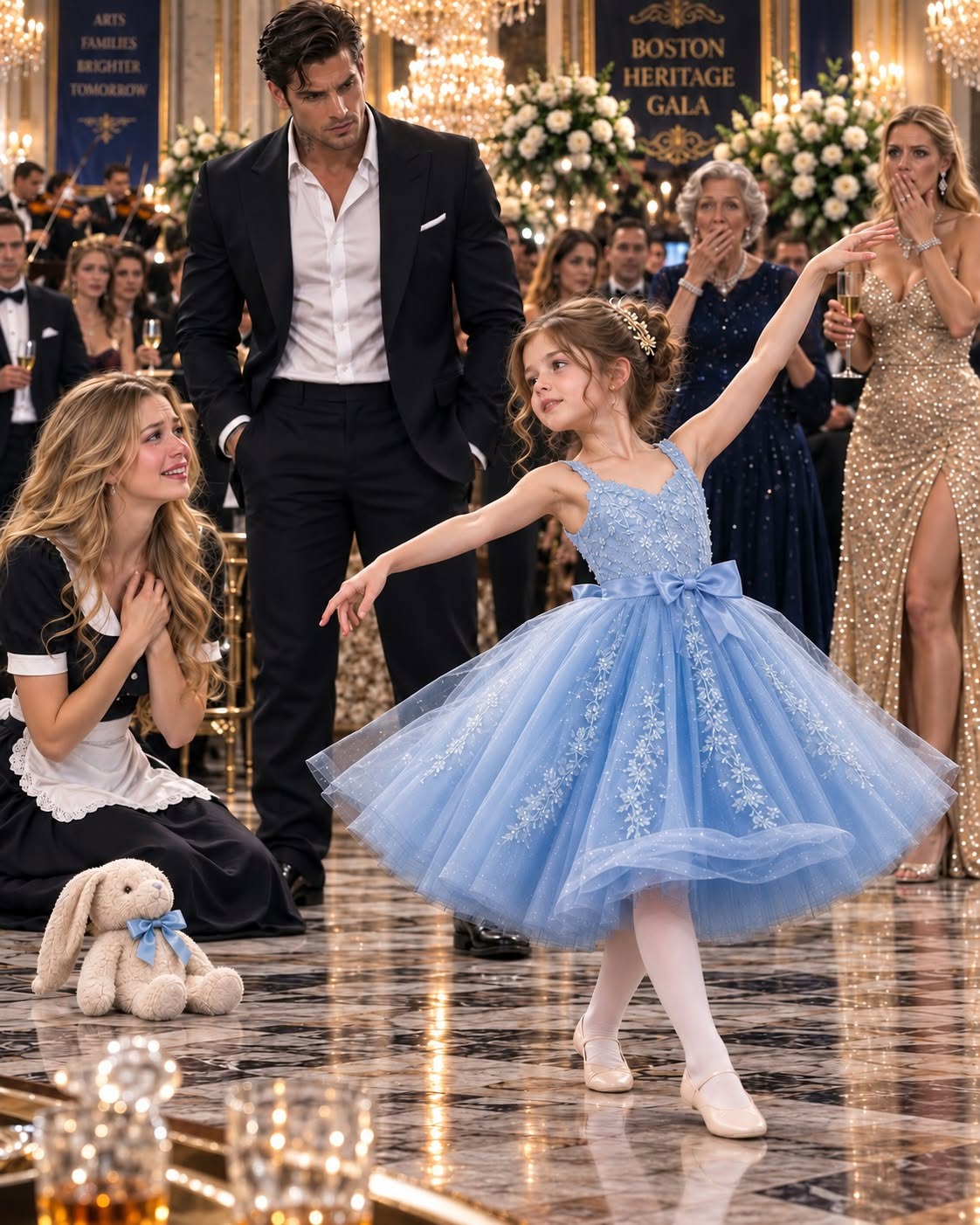 A billionaire’s fiancée mocked my six-year-old daughter in front of two hundred of Boston’s wealthiest guests, offering me $1 million if my little girl could “outdance” her. Everyone expected Lucia to embarrass herself—until the orchestra began playing our family’s secret song, and billionaire Adrian Vale went pale because that melody was never supposed to exist outside his family.