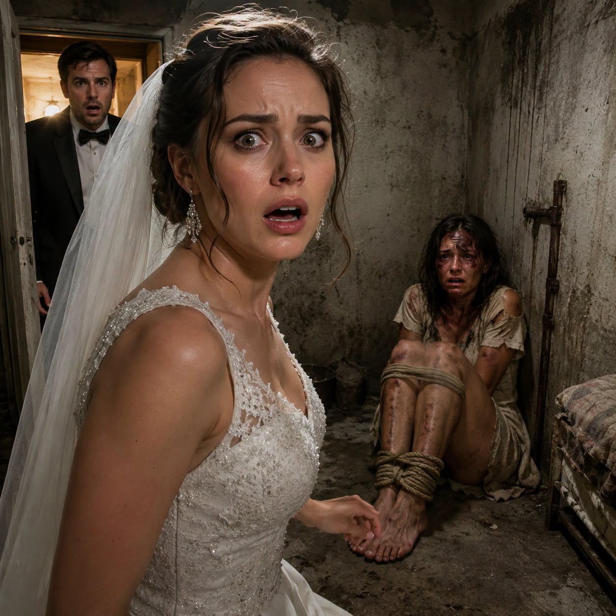 On our wedding night, while my husband was showering, I heard the sound of desperate scratching coming from the next room. I opened the door and found a woman covered in wounds, chained up in the dark, filthy space. "I'm his ex-wife," she whispered. "He never let me leave..." My blood ran cold as the bathroom door suddenly swung open behind me... but he didn't know who I was before he married me.