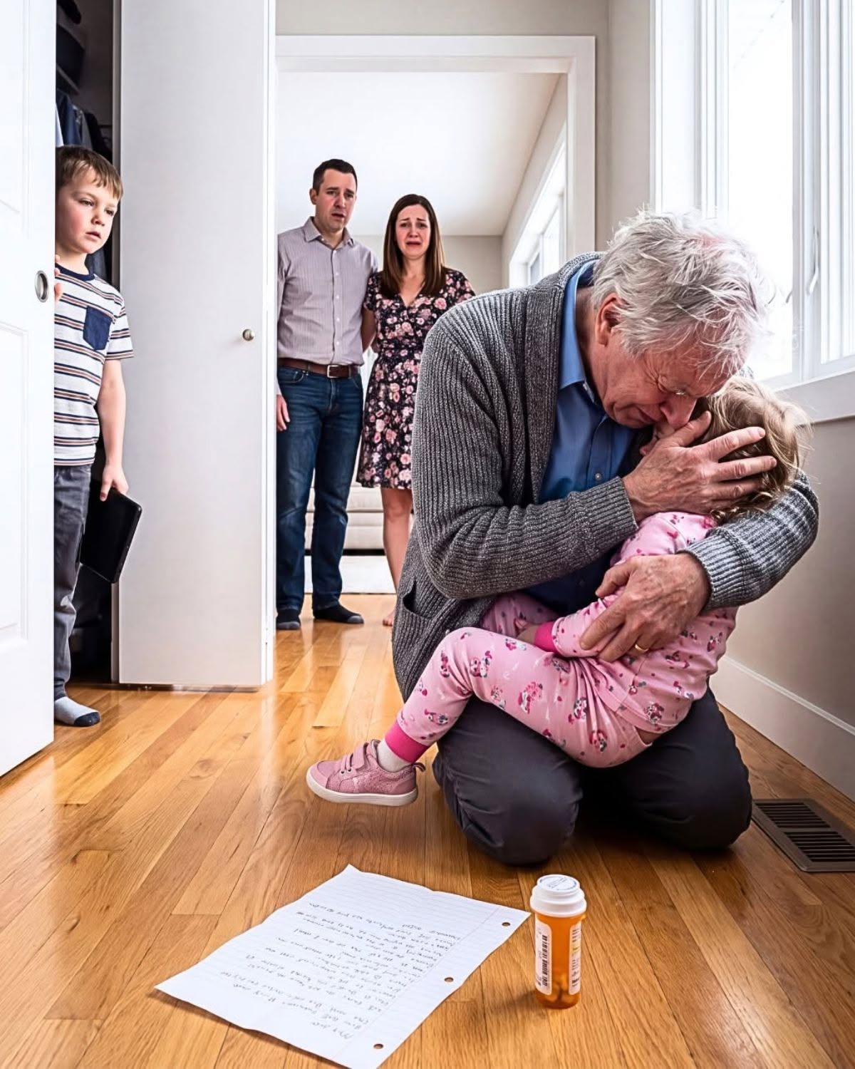 My 8-year-old granddaughter called me at exactly 1:58 a.m., whispering weakly, “Grandpa, I can't even get up.” When I finally arrived, I found her b:urning with a severe fever on the floor, completely home alone, right beside a note from my very own son that read, “Don't call anyone”… until I heard a faint knocking from inside the hallway closet.