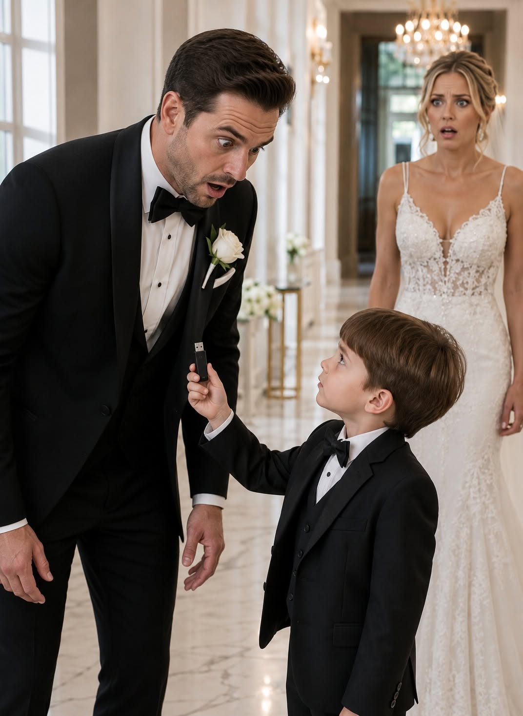 Ten minutes before I was supposed to marry a woman thirty years younger than me, my three-year-old grandson grabbed my hand and whispered, “Grandpa, don’t marry her. She hit Mommy.” Then he pointed at my bride and pulled a scratched USB drive from his pocket. What he said next made me forget the 120 guests waiting downstairs.