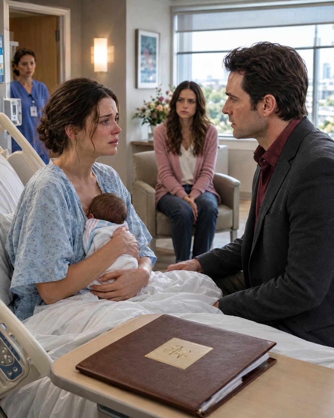 Two hours after our baby was born, i looked at my husband, waiting for him to hold our child. instead, he leaned close and said, “i already have a son with someone else. i am not signing anything for this baby.” i did not cry. i did not argue. i only looked at the tiny bracelet on my daughter’s wrist and whispered, “then remember this moment.” the next morning, he came back asking to see us, but the folder on my bedside table had already changed everything.