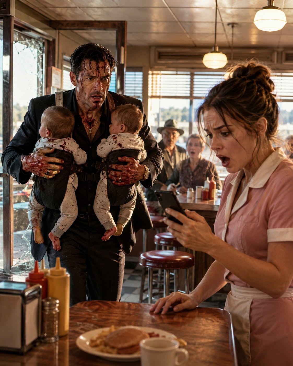 A Bleeding Mafia Boss Crashed Into a Diner With Two Infants Strapped to His Chest — Then the Waitress Who Hid Them Received a Call From Her Dead Mother, Revealing a Secret That Could Destroy Everything They Thought They Knew Forever