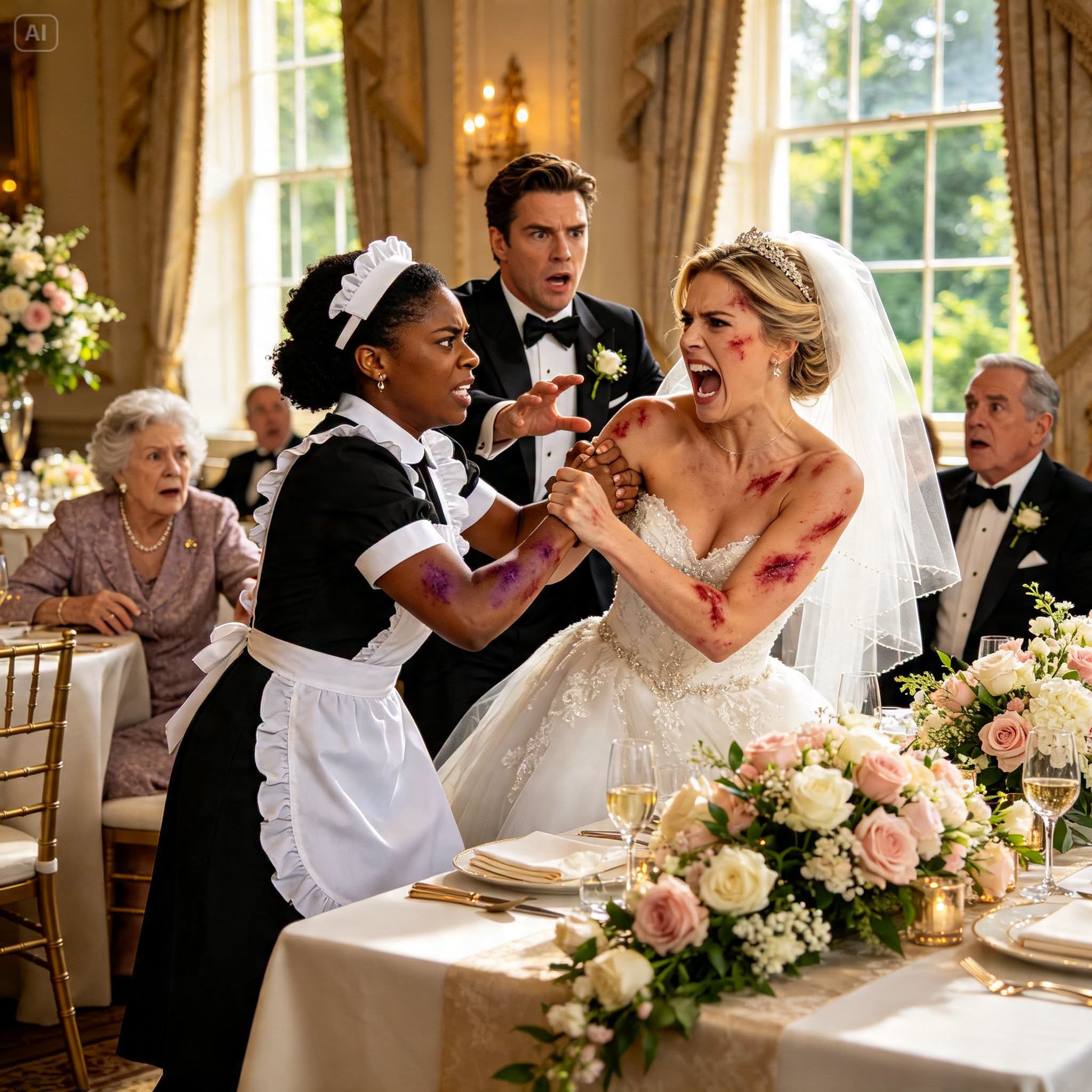 I lunged at the billionaire’s flawless bride right in the middle of the wedding reception, throwing the entire ballroom into chaos—but I had to do it to expose the sinister trap she had placed beneath his seat before it was too late.