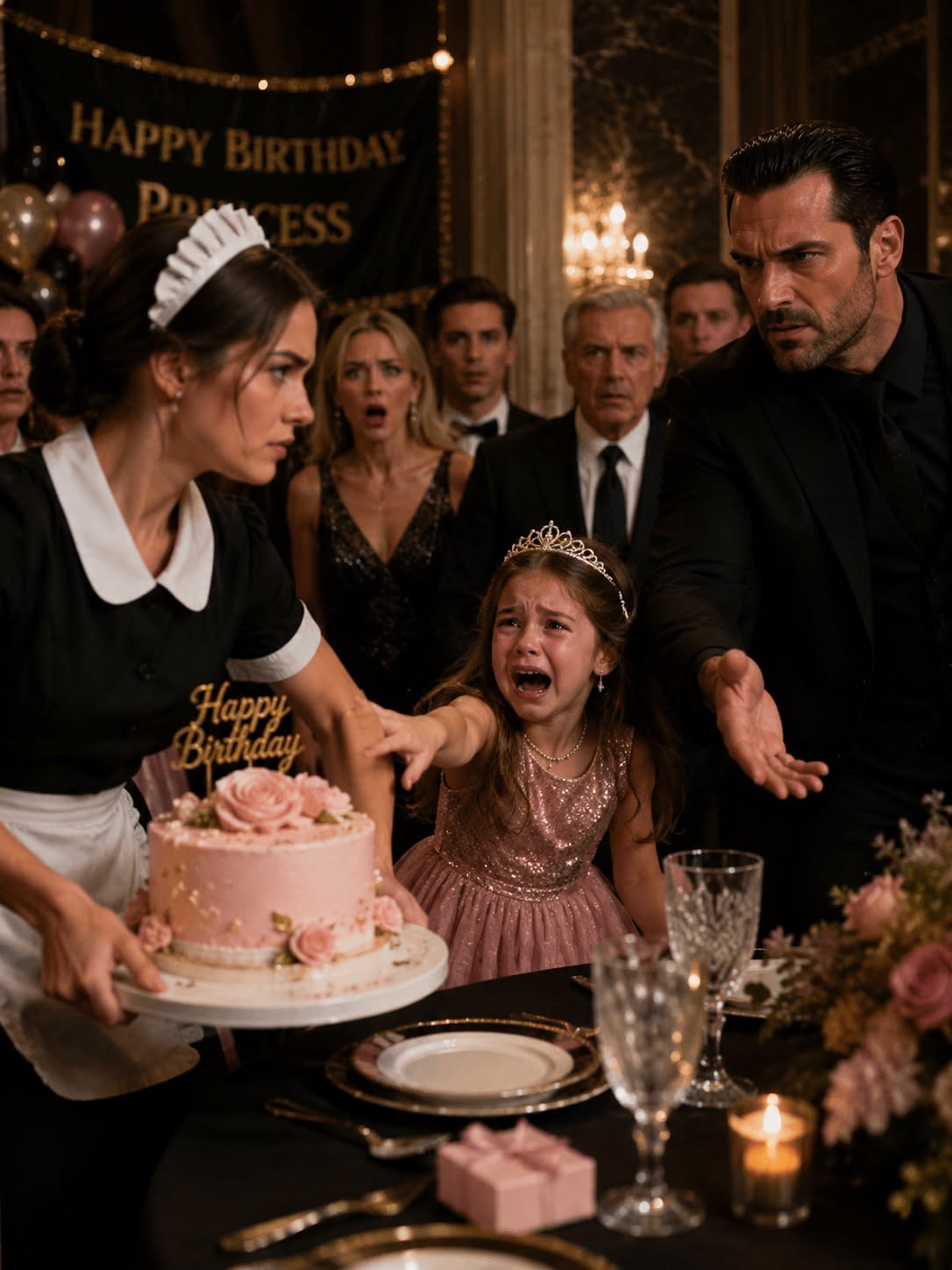 a maid shocks an entire ballroom when she suddenly knocks a birthday fork away from the mafia boss’s seven-year-old daughter and snatches her cake before she can take a bite. furious, roman valente gives her three seconds to explain herself. instead of apologizing, mara grabs the girl’s wrist and points to a bracelet that isn’t hers — then reveals something hidden beneath the cake’s buttercream that could trigger the child’s severe allergy. roman looks from the switched bracelet to everyone surrounding his daughter and gives one chilling order: “lock the house.”