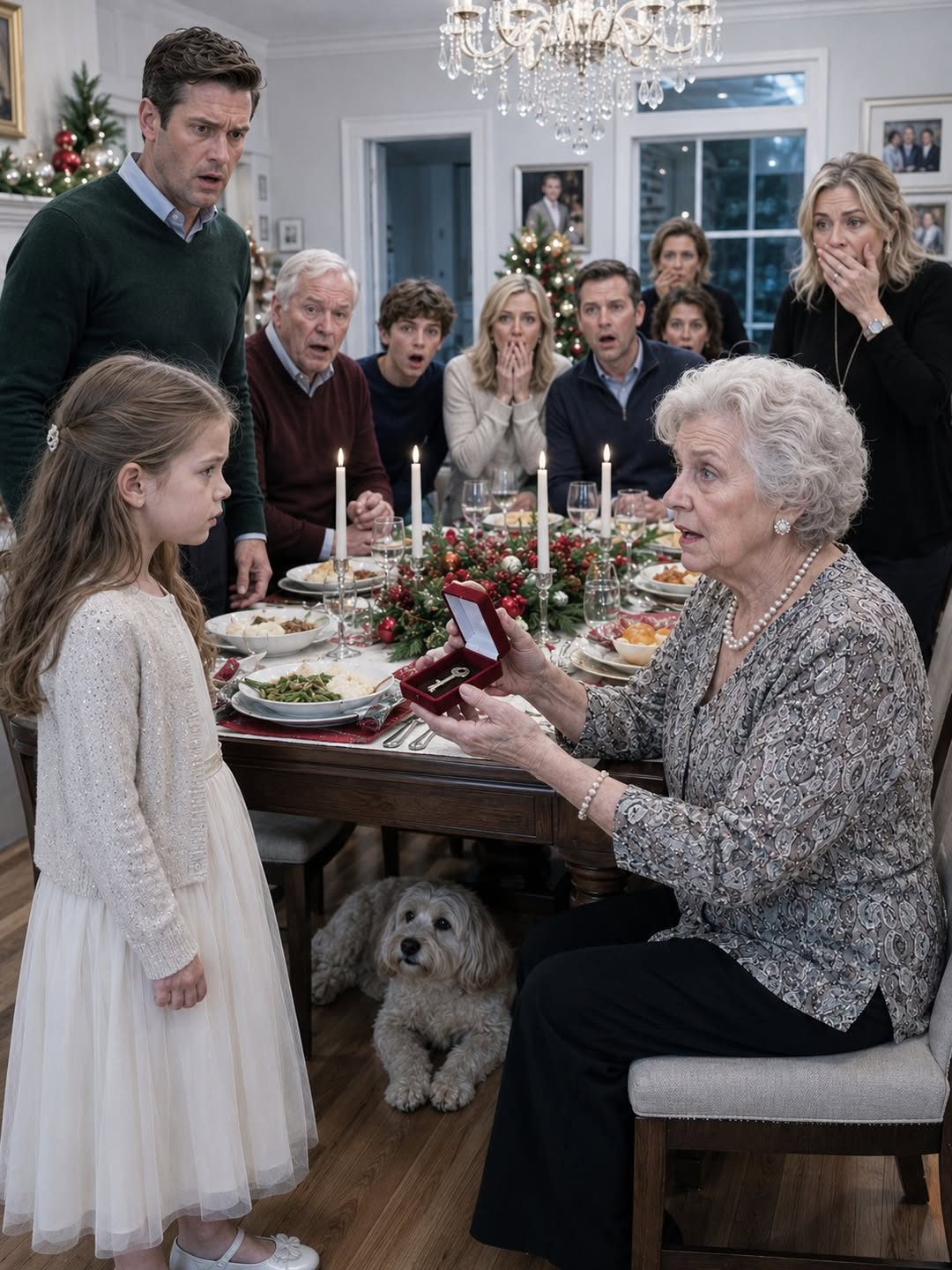 I never told my mother-in-law that my daughter, the child she treated like a “stray dog,” had the power to remove her from our lives. On Christmas morning, she gave the other grandchildren cash and tablets, but when it was my daughter’s turn, she handed her a cheap candle with a tag that read, “To Brandon’s Girl.” The entire room went quiet. My seven-year-old stood up in her gold dress, calm and composed. “Grandma,” she said, “Dad told me to give this to you if you ever ignored me again.” She placed a small red box in front of her. “Open it,” he said. Gene lifted the lid and immediately screamed.