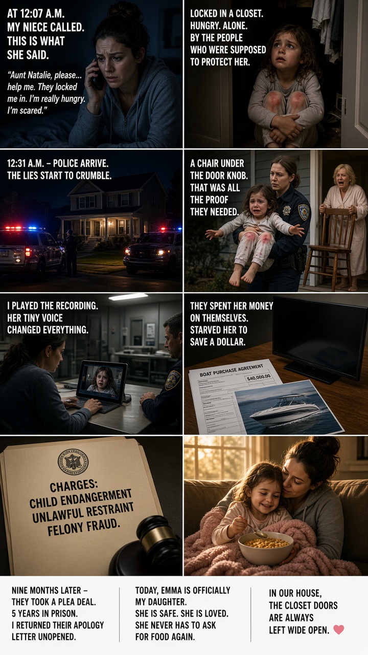 "My 6-year-old niece called me at midnight, whispering, “Aunt Natalie, please help me. They locked me in. I’m hungry. I’m scared.” Her guardians—my own parents—were spending her checks on themselves while leaving her in a dark closet. I didn’t argue or warn them. I acted. By morning, their lies were already collapsing.