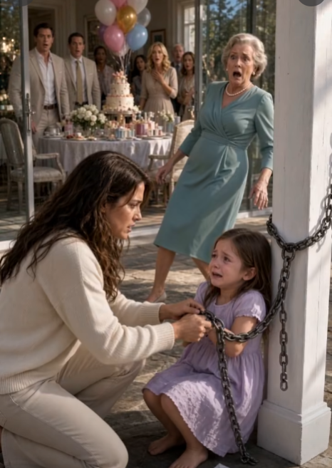 My five-year-old daughter was chained outside while her grandmother celebrated behind the glass and called her “a cheater’s child”—so I struck her, threw down the sealed DNA report, and watched the entire birthday party go silent… but the name buried in the laboratory file was about to expose a lie much older than my daughter