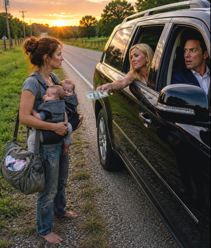 45"I laughed when I spotted my ex-wife walking alone down a deserted road outside Franklin, Tennessee, with two babies strapped to her chest. My fiancée tossed twenty dollars into the dirt and mocked her to “buy some formula,” but everything changed the second my ex looked at me—not with anger, but with pity. That silent look unraveled a lie that had been living inside my own home for an entire year.