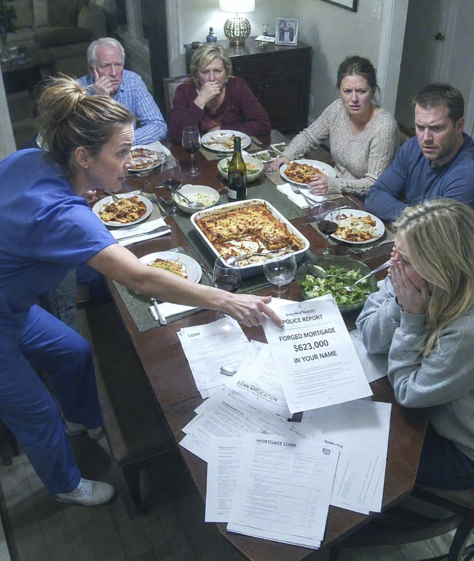 The bank called me during my hospital shift and said I was three months behind on a $623,000 mortgage. I told them they had the wrong person because I had never owned a house in my life. Then they showed me the address. It was my sister’s dream home. The signature was forged almost perfectly. And that night, at family dinner, while Amanda smiled over lasagna, I slid the police report across the table and watched her face turn white.