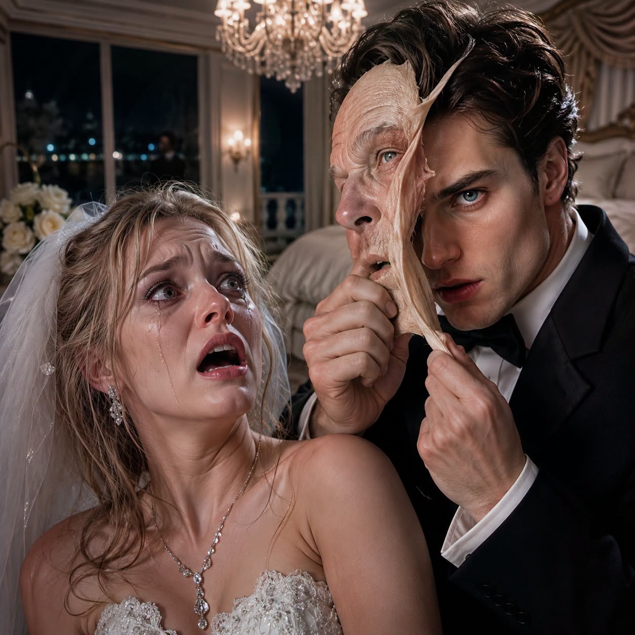 Because my family was drowning in debt, they forced me to marry a wealthy old man I had never met. On our wedding night, I stood trembling as he locked the door. “Please… don’t hurt me,” I whispered. He smiled, gripped the wrinkled skin at his jaw, and peeled away a lifelike mask. A handsome young man stared back. “Relax,” he said coldly. “You were never my target. Your family was—and tonight, my revenge begins.” - True Stories