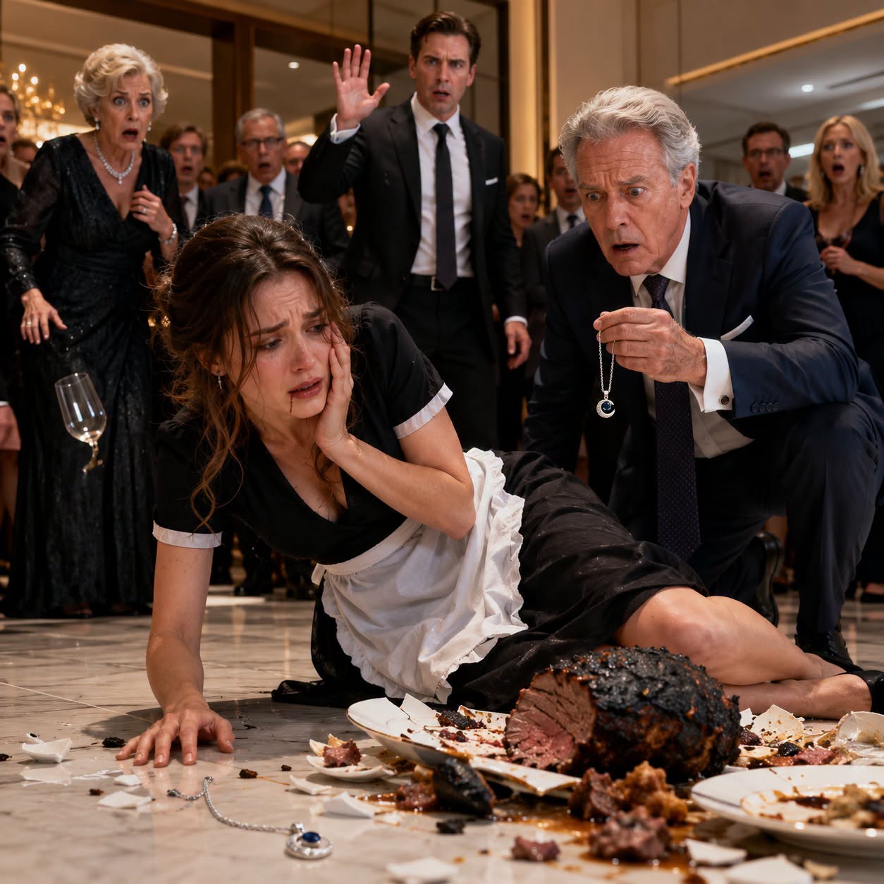 At my husband’s welcome party for his colleagues, he dressed me like a servant and ordered me to carry trays. When the roast burned, he slapped me before everyone. “You’re useless,” he hissed. The blow sent my silver necklace skidding across the floor.