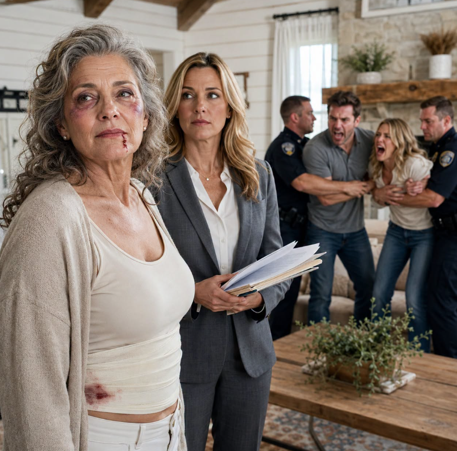 My daughter-in-law's smile vanished the moment I said the farm money would be for my retirement. "You selfish old woman!" she shrieked, snatching the papers from my hand. My son burst through the door, his eyes wide with rage, and shoved me so hard my ribs broke from the impact on the table. As I lay gasping for breath on the floor, he whispered, "Mother, you should have listened to me." Twenty minutes later, the police arrived—with my lawyer following behind. - True Stories