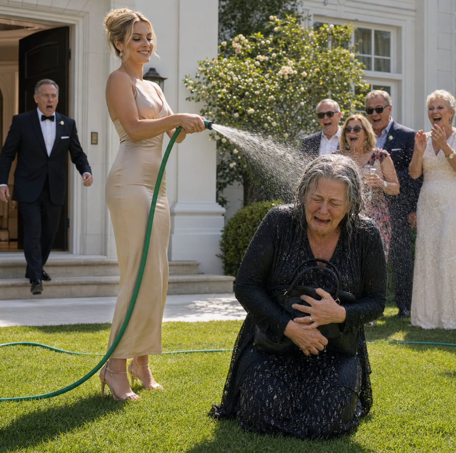 At my son’s engagement party, his fiancée bathed me with a hose in front of 30 guests and mocked me: “Beggers don’t get married here.” I just clutched my shopping bag against my chest, letting my phone keep recording, waiting for her to discover who she really was.