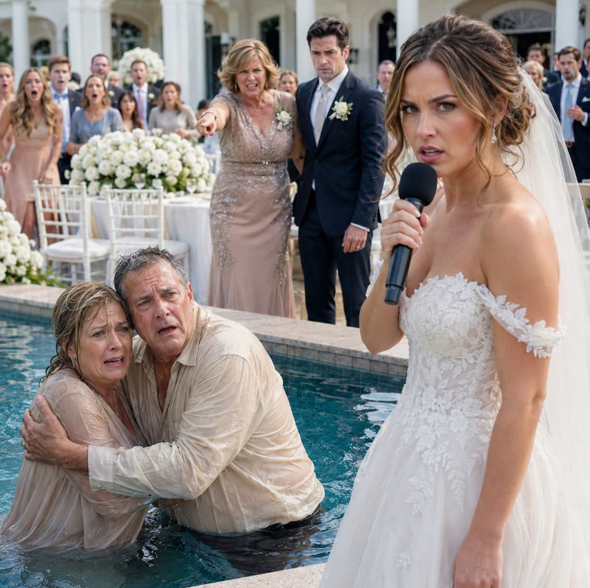 At my wedding, my mother-in-law pinched her nose at my parents and sneered, “What a pathetic, poverty-stricken family.” Then she shoved them into the swimming pool, laughing, “Let me wash that stench of poverty away.” My groom stood beside her in silence. I calmly stepped forward, took the microphone, and said, “This wedding is over—and by sunrise, so will your family’s empire.” Then I made one phone call… - True Stories