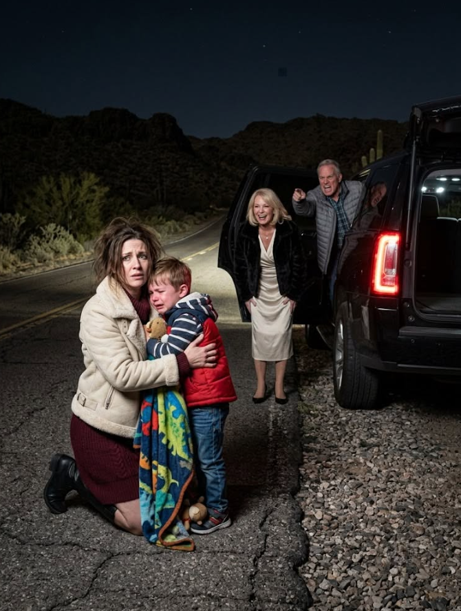 SDT-My parents threw me and my six-year-old son out of their car at 2 a.m. on a freezing Nevada desert highway, laughed as my mother crushed his inhaler, and drove off thinking fear would finish us—until a trucker stopped, the weather camera caught everything, state police found my wallet and keys in Mom’s purse, and every voicemail, bank record, stolen credit card, and cruel jail call finally turned their spotless retirement image into evidence.