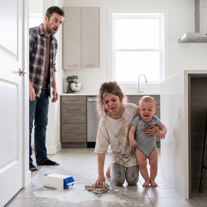 My 7-year-old daughter called me crying and whispered, “Daddy… my back hurts. I can’t carry the baby anymore.” When I rushed home, I found her holding her 6-month-old brother while cleaning up spilled milk in the kitchen. I didn’t scream. I just quietly opened the security cameras… and what I saw ended my marriage before dawn. - True Stories
