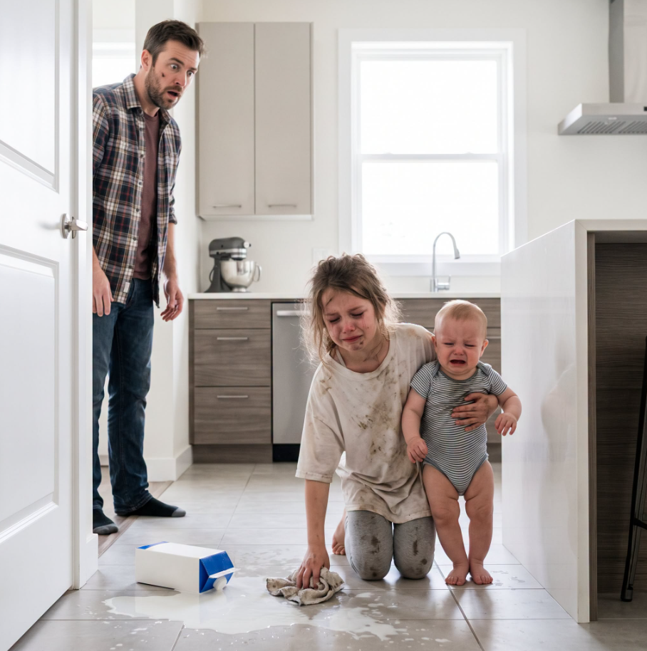 My 7-year-old daughter called me crying and whispered, “Daddy… my back hurts. I can’t carry the baby anymore.” When I rushed home, I found her holding her 6-month-old brother while cleaning up spilled milk in the kitchen. I didn’t scream. I just quietly opened the security cameras… and what I saw ended my marriage before dawn. - True Stories
