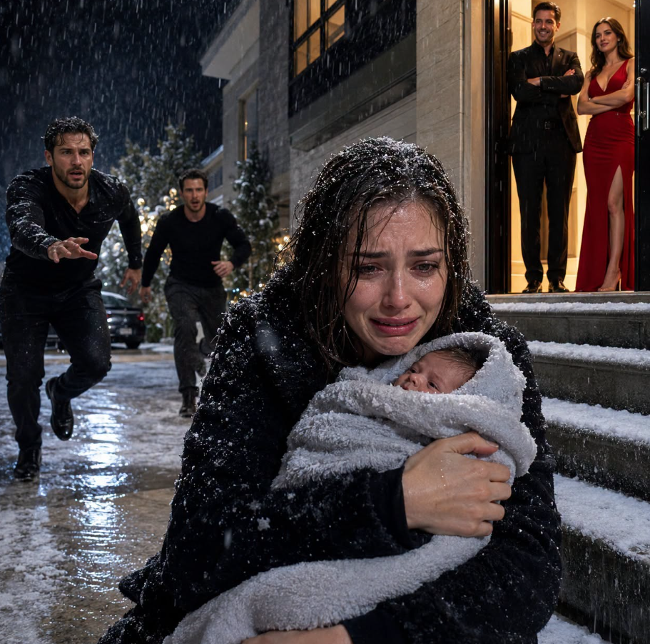 My husband shoved me and our newborn into the freezing night while his mistress watched from the doorway, smiling. “You have five minutes to disappear,” he sneered. I wrapped my baby inside my coat and whispered, “You’ll regret this.” He laughed—until three black trucks stopped outside and my brothers stepped out. The oldest stared at him coldly and said, “Now it’s our turn…” - True Stories