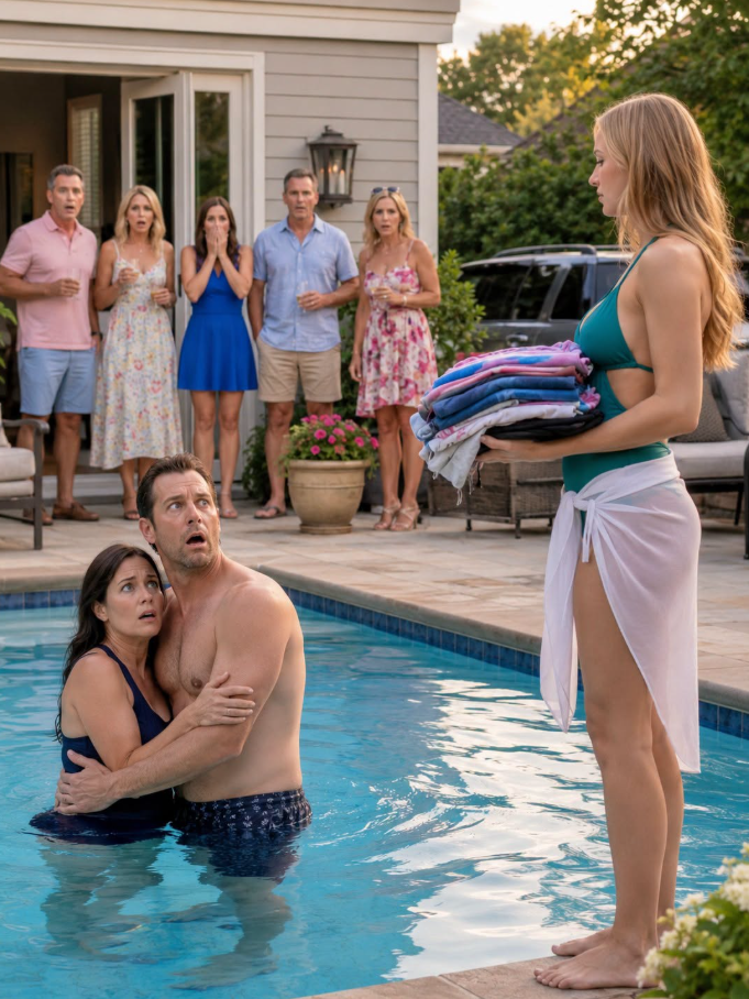 At 5:42 p.m., I found my husband in our $18,000 backyard pool with the neighbor who borrowed sugar every Tuesday. He whispered, “Don’t make a scene.” So I picked up their clothes, pressed one button, and let the whole subdivision hear the truth.