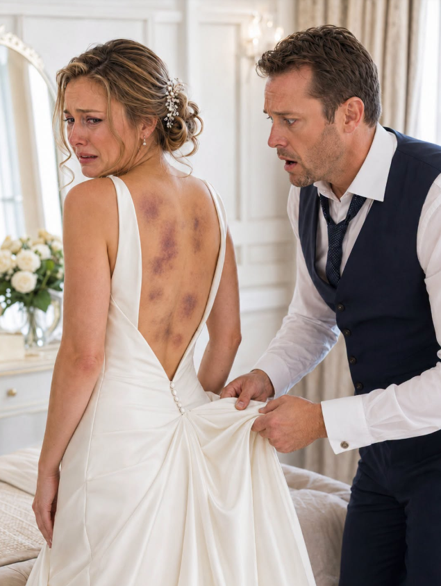 On our wedding night, I gently pulled down my wife’s wedding dress—and was stunned to see the long scars etched across her body. “Who did this to you?” I whispered. She trembled. “My stepfather. He said no one would believe me.” I kissed her forehead and made a phone call. By dawn, the police had his recording, his bank account was frozen, and the monster who had terrorized her for years was begging for our forgiveness.