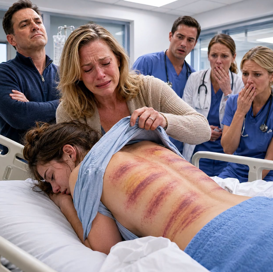 My stepdaughter arrived at the emergency room unconscious, and her father told the doctor, “She’s clumsy. She fell down the stairs again.” I lifted her sleeve and saw bruises shaped exactly like his belt buckle. He leaned close and warned, “She isn’t even your real daughter, so stay out of it.” I looked toward the security camera and replied, “She became my daughter the day I adopted her—and you just confessed in my hospital.” - True Stories