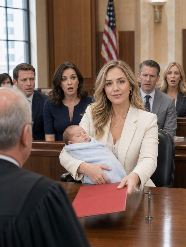 I walked into court holding my newborn son while my husband’s lawyer smiled like I was already defeated. He thought the red folder in my hand was a plea for mercy. But when I placed it before the judge and said, “Your Honor, this baby is not the reason I’m asking for protection — he is the proof,” my husband’s face went white, because every lie he bu was inside that folder.