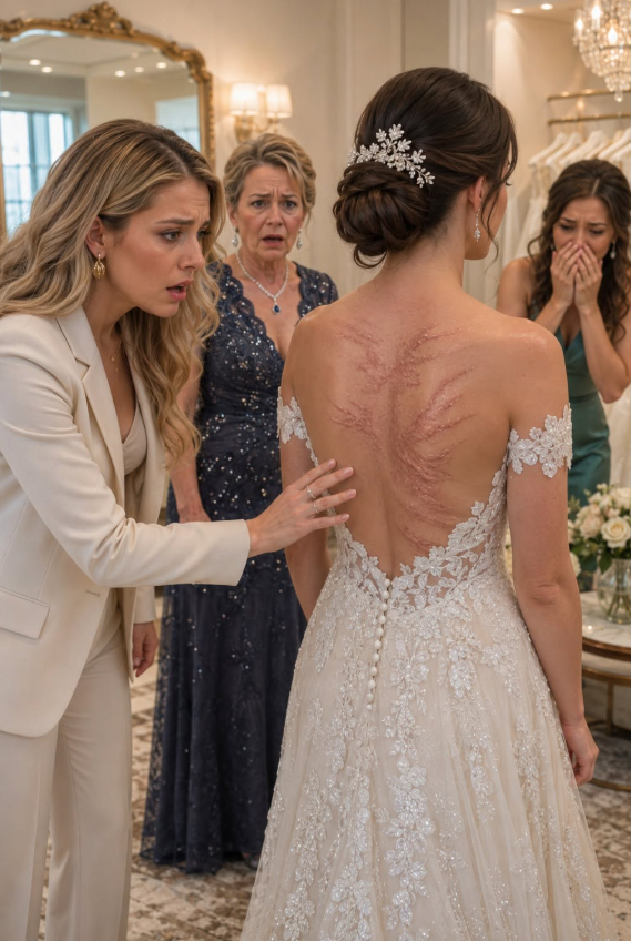 At the bridal boutique, my younger sister stepped out wearing her wedding gown. But when the seamstress eased the zipper down, my heart froze. Fresh dark bruises covered her back.