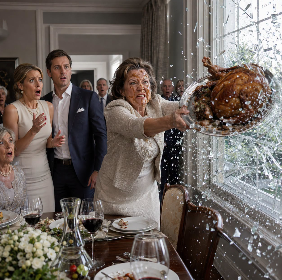 I spent six hours preparing a lavish dinner for my daughter-in-law's wealthy parents. Before they arrived, she tasted the gravy and deliberately spat it right in my face. "It's disgusting, just like you," she hissed. My son just patted her shoulder to calm her down, ignoring me completely. I quietly wiped my face, picked up the entire roasted turkey platter, and threw it straight through the dining room's glass window. The shattering crash made them both freeze in terror just as the doorbell rang... - True Stories