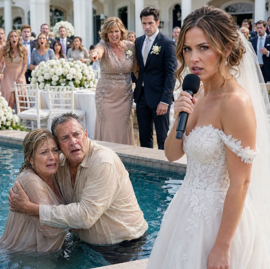 At my wedding, my mother-in-law pinched her nose at my parents and sneered, “What a pathetic, poverty-stricken family.” Then she shoved them into the swimming pool, laughing, “Let me wash that stench of poverty away.” My groom stood beside her in silence. I calmly stepped forward, took the microphone, and said, “This wedding is over—and by sunrise, so will your family’s empire.” Then I made one phone call… - True Stories