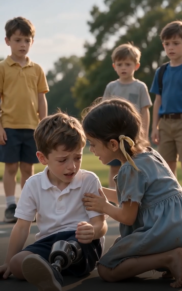 a billionaire’s young son was mocked and left alone on the playground after an accident took his mother and left him dependent on prosthetic legs — then, while other children laughed and called him “robot boy,” a poor barefoot girl stepped between them, sat beside him, and said something no one had told him before: “i like your legs.