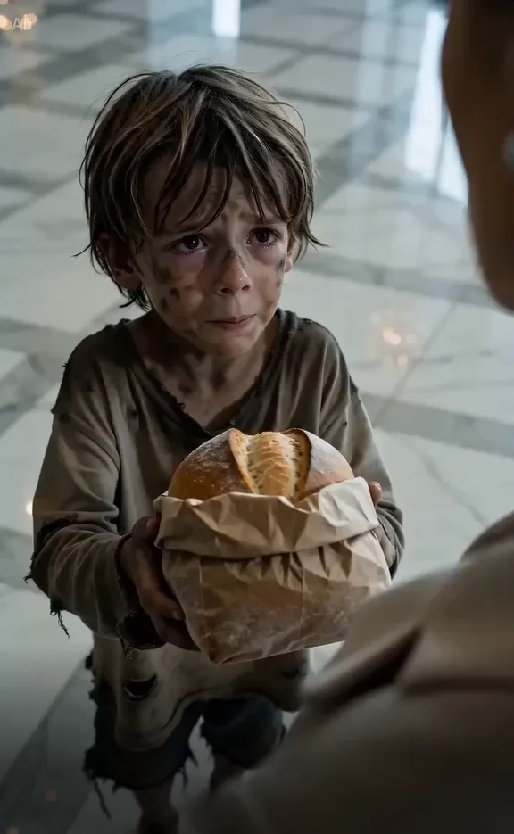 A hungry, barefoot little boy wandered into a luxury hotel lobby, desperately holding a loaf of bread.