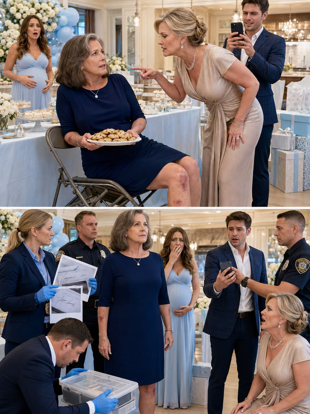 My mother-in-law announced during the baby shower that my unborn child would carry her last name because “the mother contributes nothing but trouble.” Then she presented adoption papers she expected me to sign while fifty guests watched. I calmly asked the hospital attorney beside the gift table to read page seven aloud. That page revealed she had forged my medical consent and accessed confidential fertility records. Before the cake was cut, security removed her, my husband lost his board seat, and every guest knew who had endangered the baby.