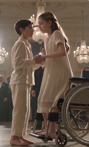 A barefoot boy helps a wheelchair-bound girl stand for the first time in years, lea