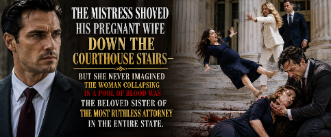 The mistress shoved his eight-month pregnant wife down the courthouse steps—but she never imagined the woman collapsing in a pool of blood was the beloved sister of the most ruthless attorney in the entire state.