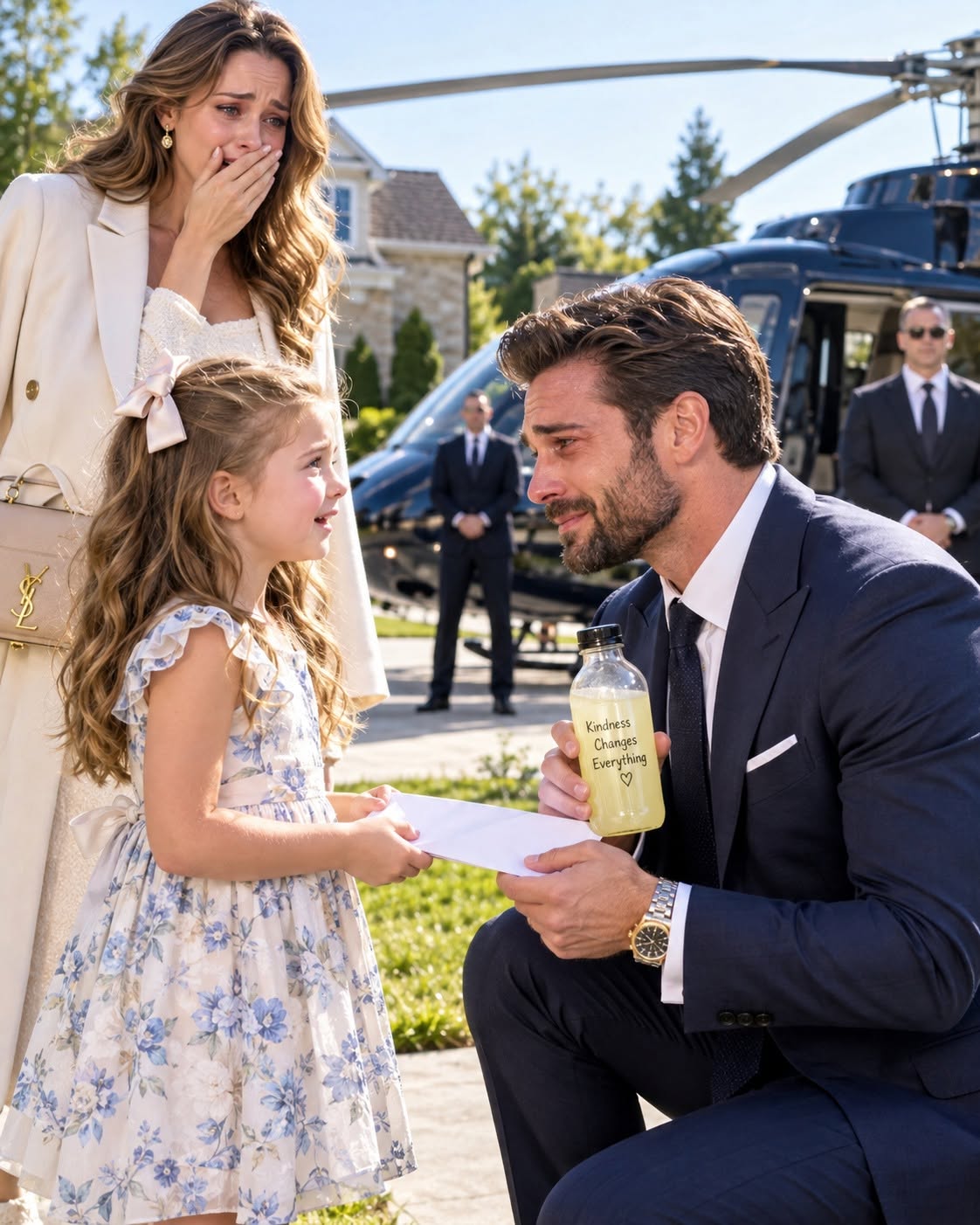 Two days after my seven-year-old daughter gave her lemonade and the last few dollars in her little purse to a homeless man everyone else ignored, a helicopter landed directly in front of our house. Then a stranger in an expensive navy suit stepped out carrying the exact lemonade bottle Lily had given away, and what he told us turned one small act of kindness into something I never could have imagined.