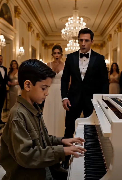 The boy looked completely out of place beneath the chandeliers.