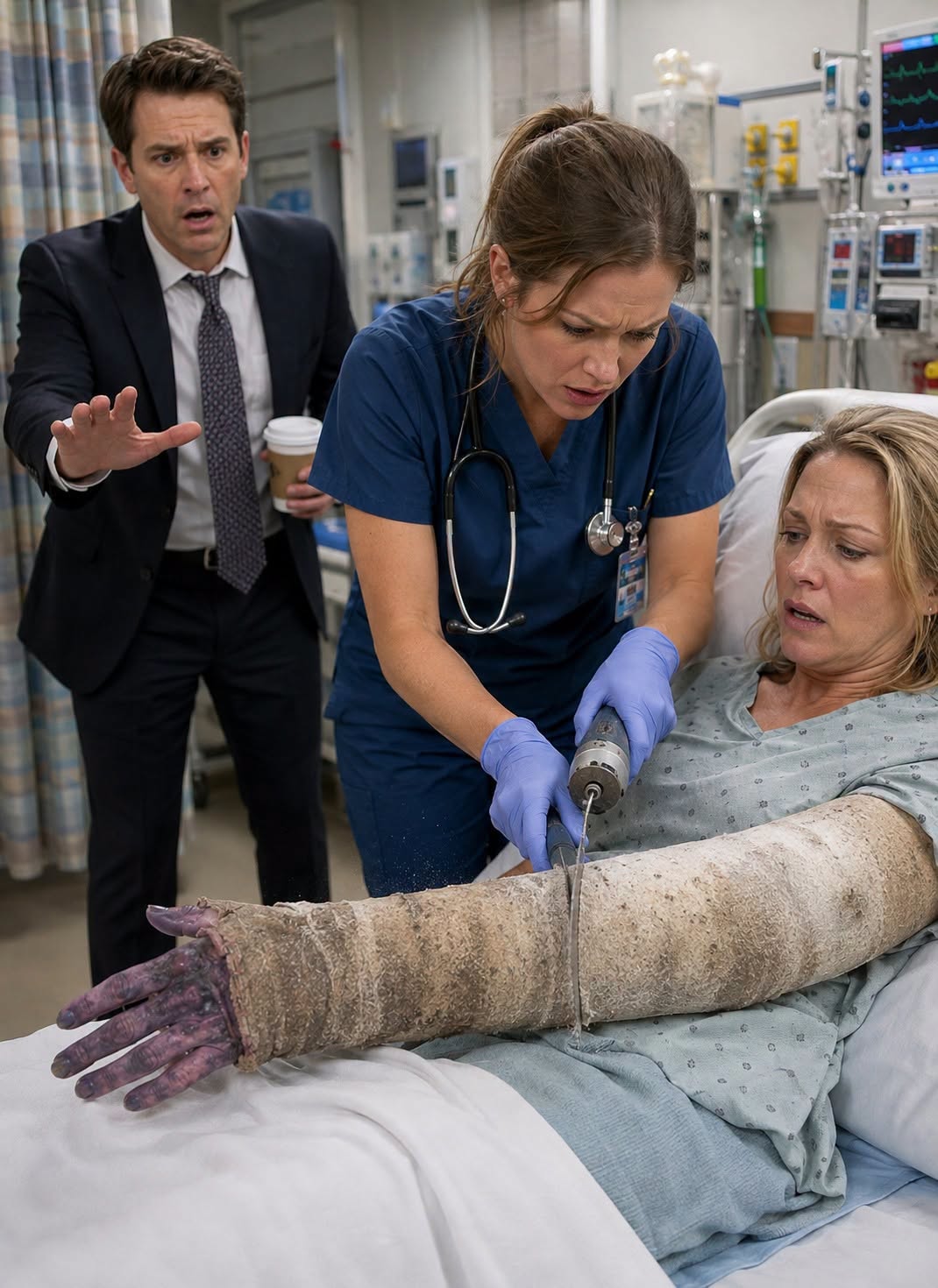 My patient came in with a 103.8-degree fever, purple fingers, and a month-old cast concealing something horrifying beneath it, yet her husband looked directly at me and calmly said, “It’s probably just the flu.” The instant I told him I was going to cut the cast open, his composure cracked into panic, and I realized I was seconds away from discovering something he was desperate to keep hidden.