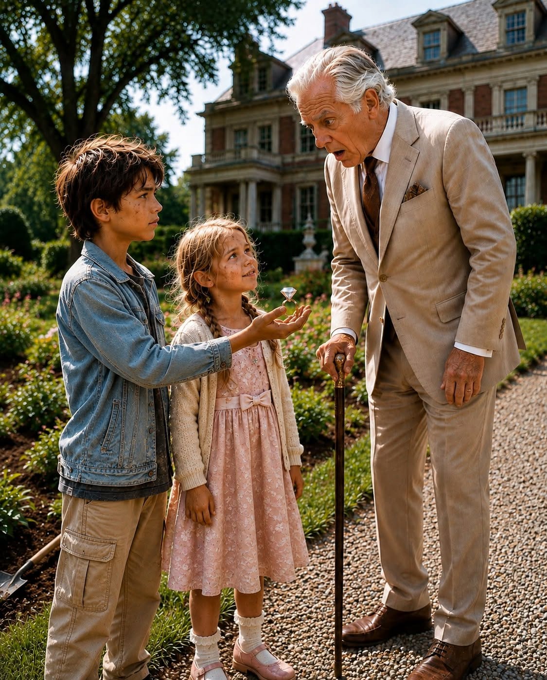 My eight-year-old sister and I went to a billionaire’s mansion and offered to clean his neglected garden for leftover food because our older sister was sick and we hadn’t had a proper meal in days. But after we uncovered his late wife’s missing diamond ring and gave it back instead of selling it, the billionaire made a phone call that sent a chill through me: he gave someone our exact home address, even though neither of us had ever told him where we lived.