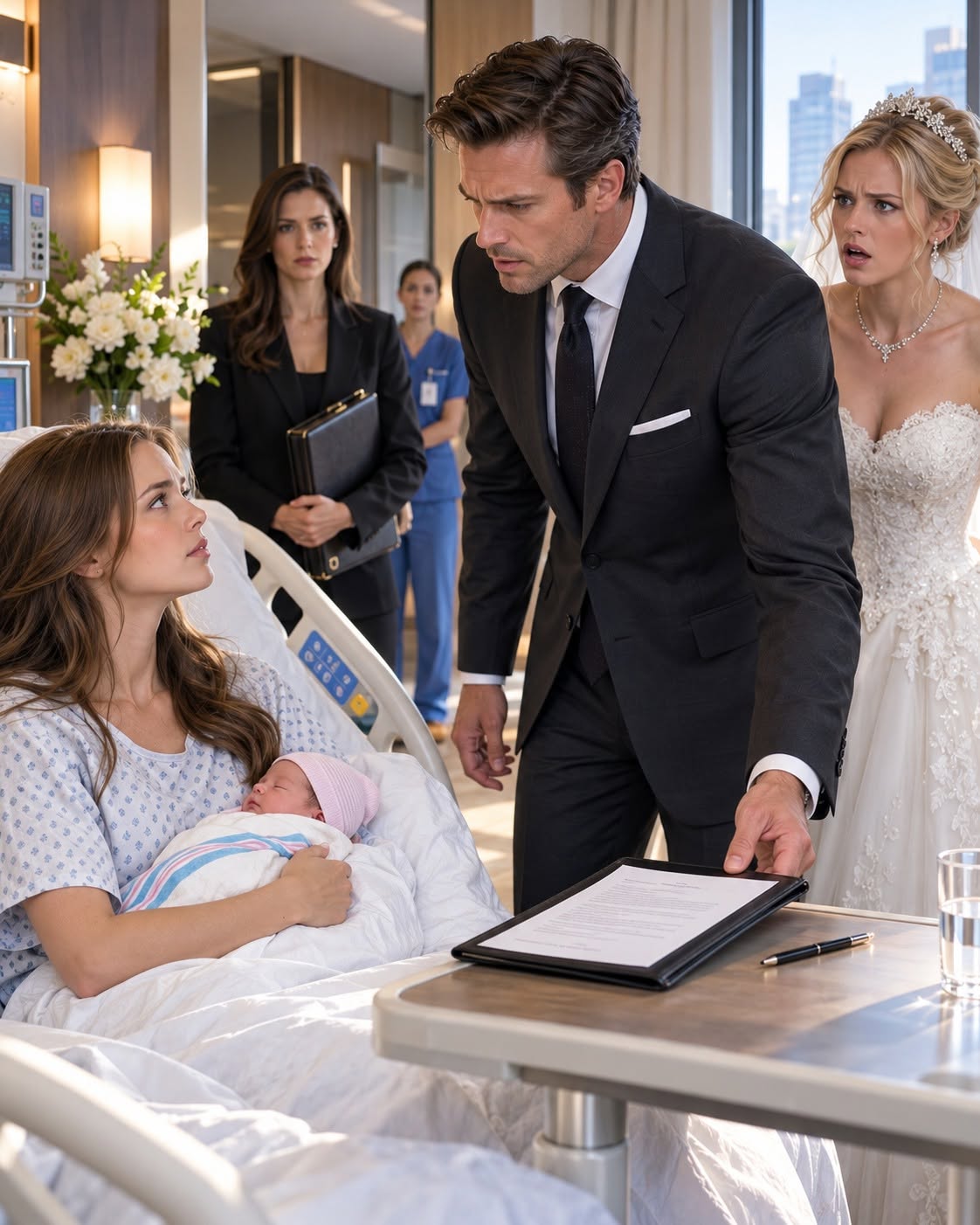 TWO HOURS AFTER MY EX-HUSBAND SAID “I DO,” HE WALKED INTO MY HOSPITAL ROOM WITH HIS NEW BRIDE STILL WEARING HER WEDDING DRESS—BUT HE WASN’T THERE TO MEET OUR NEWBORN DAUGHTER. HE PLACED AN NDA BESIDE MY BED AND SAID, “SIGN IT TONIGHT.” I LOOKED AT HIM AND SAID, “YOU’RE TOO LATE.” TEN MINUTES LATER, HIS FACE WENT PALE, HIS BRIDE STARED AT HIM IN DISBELIEF—and THE PAPERS HE’D BEEN SO DESPERATE FOR ME TO SIGN NO LONGER MATTERED.