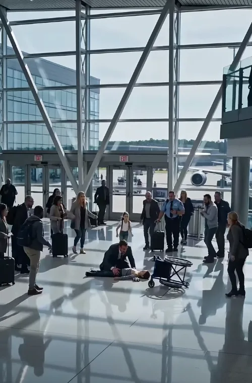 The boy lay blue-lipped on the polished airport floor while adults in uniforms froze around him.
