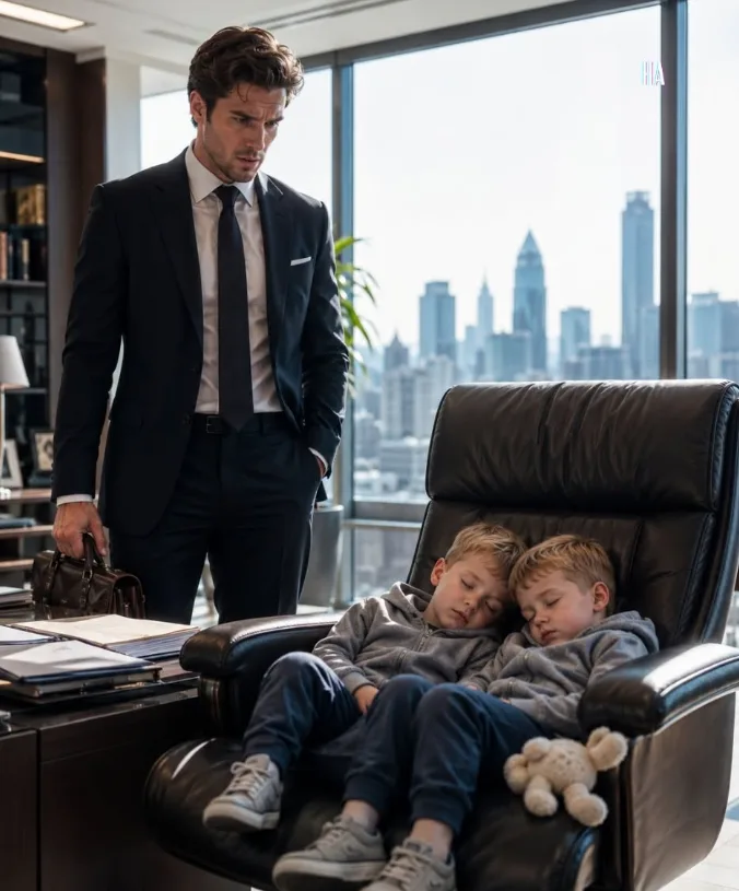 A Millionaire CEO Came to Work and Found Twins Sleeping in His Chair, and the Note Beside Them Destroyed the Life He Thought He Wanted
