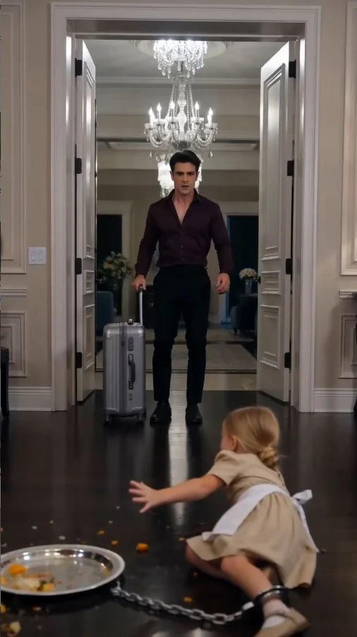 The Fiancée forcefully tugs Sorrel’s ankle chain backward as the little girl carries a serving tray toward the dining table.